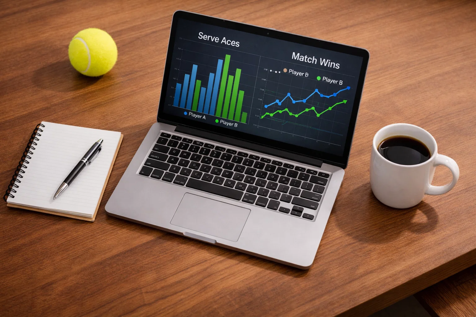 Pantalla de ordenador mostrando gráficos y estadísticas de partidos de tenis