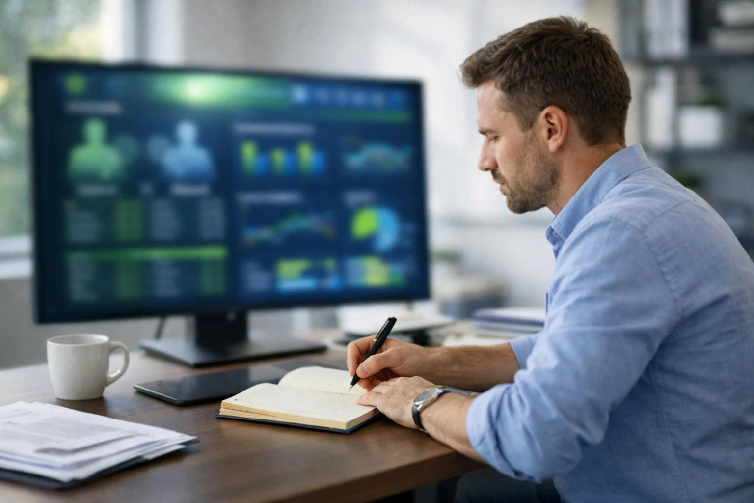 Analista deportivo revisando estadísticas de rendimiento de tenistas en pantalla