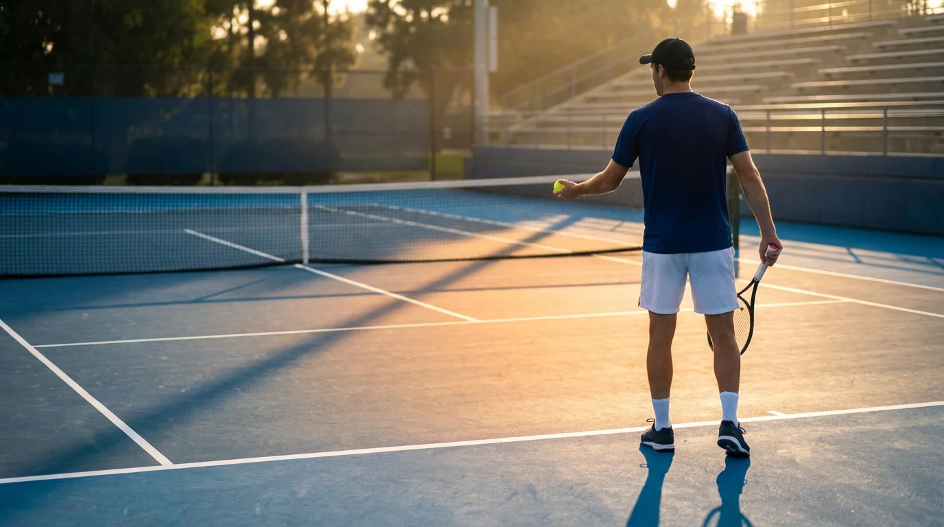 Jugador de tenis profesional concentrado antes de un saque en pista dura