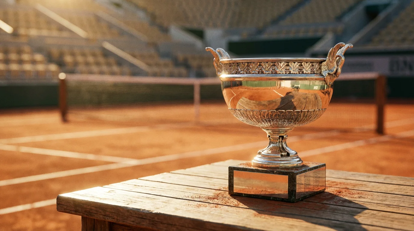 Trofeo de tenis sobre una mesa con una pista de tierra batida de fondo iluminada por el sol