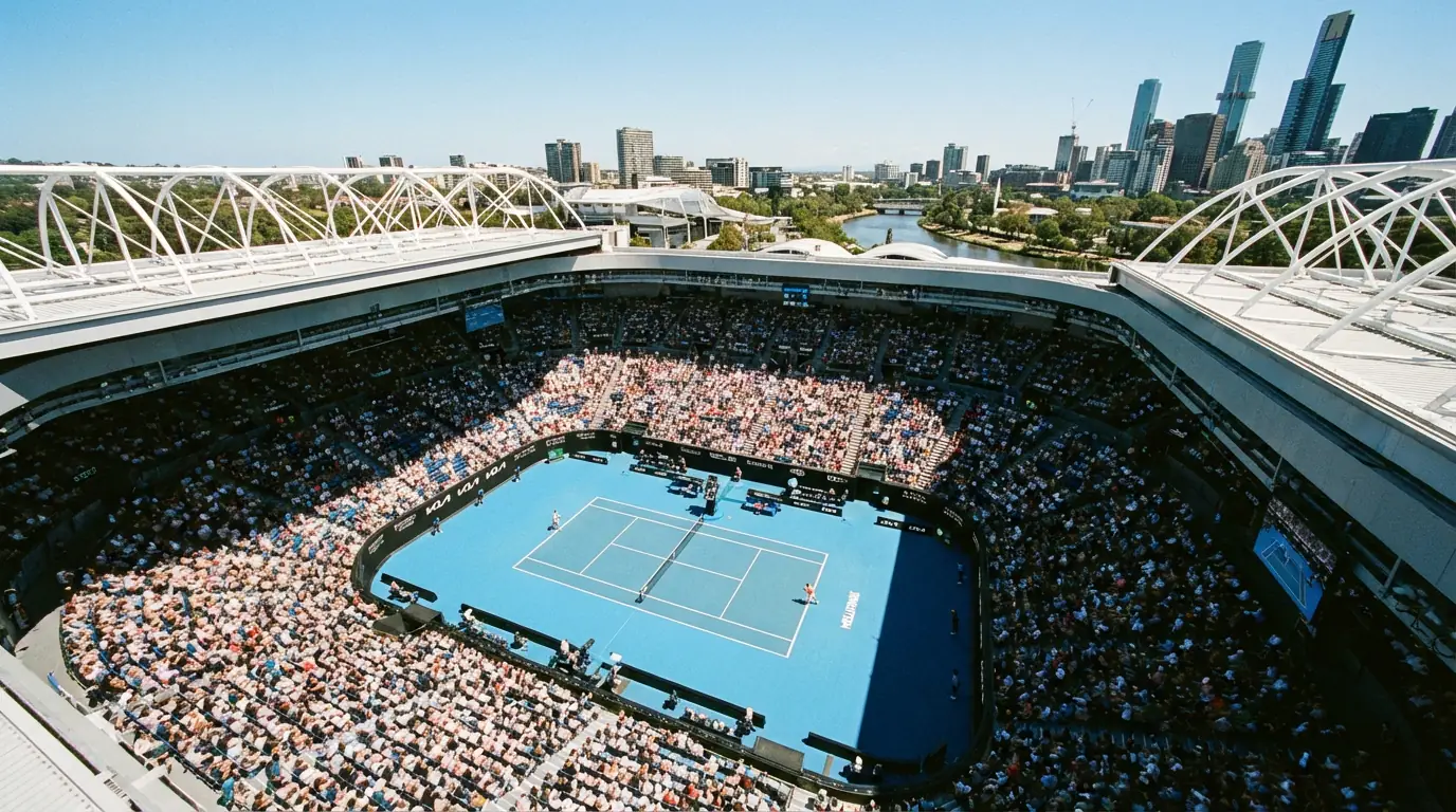Pista central del Australian Open en Melbourne Park bajo el sol australiano