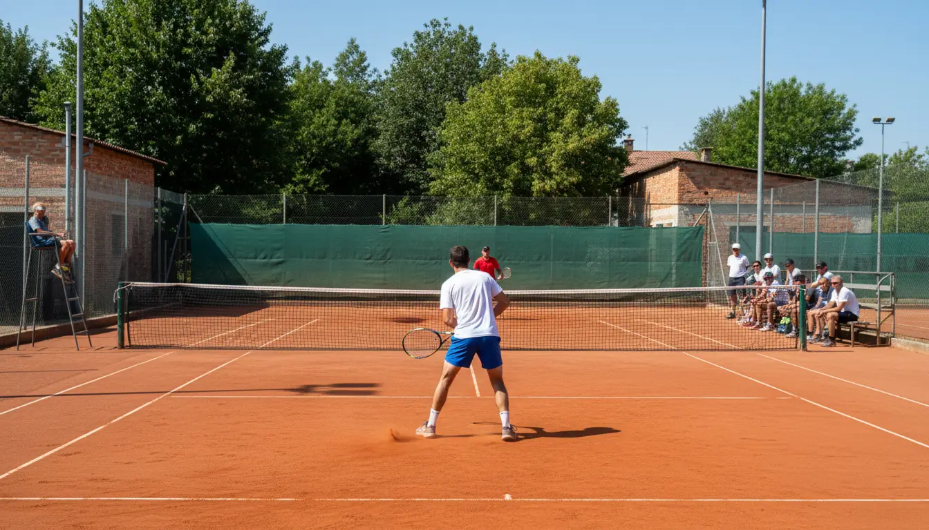Partido de tenis en un pequeño torneo Challenger con gradas modestas y pista de tierra batida