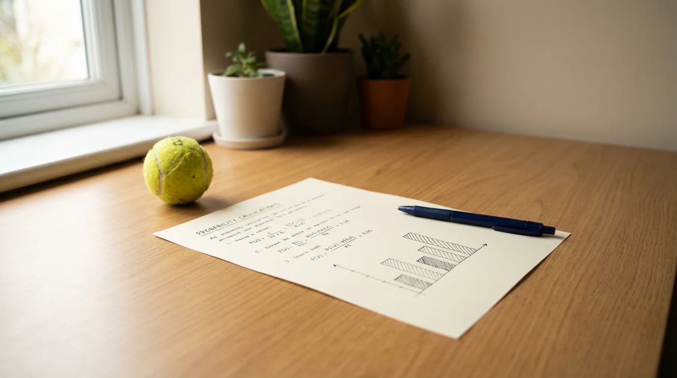 Documento con cálculos de probabilidades junto a una pelota de tenis sobre una mesa