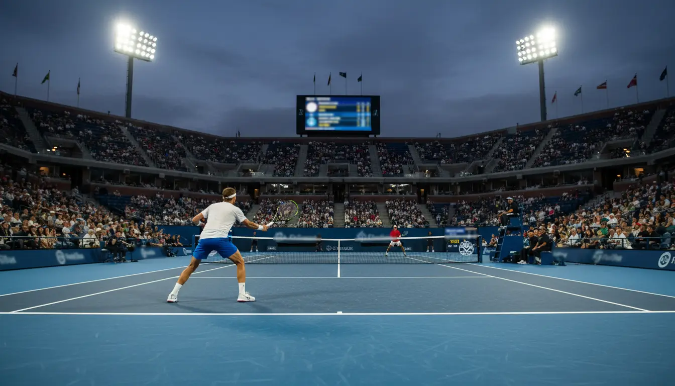 Partido de tenis en directo visto desde la grada con el marcador electrónico de fondo