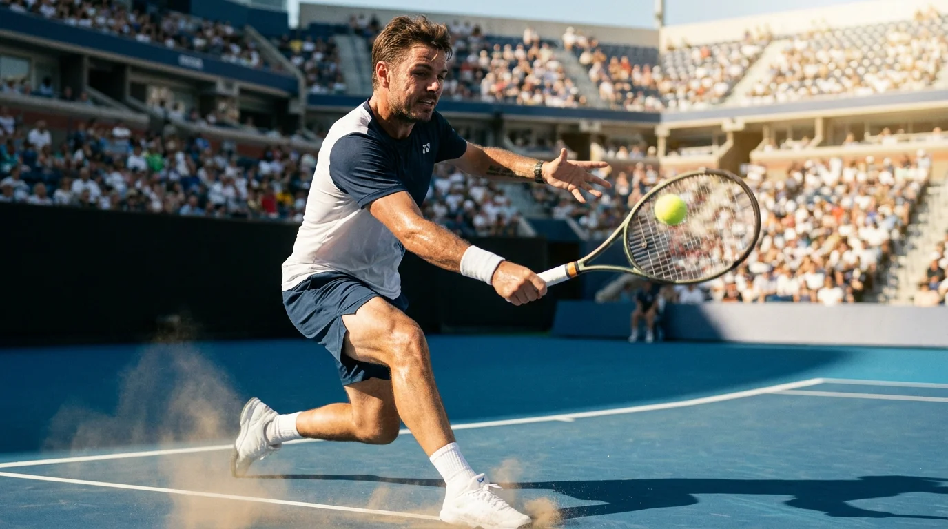 Tenista profesional golpeando una derecha potente en un torneo Masters 1000 sobre pista dura
