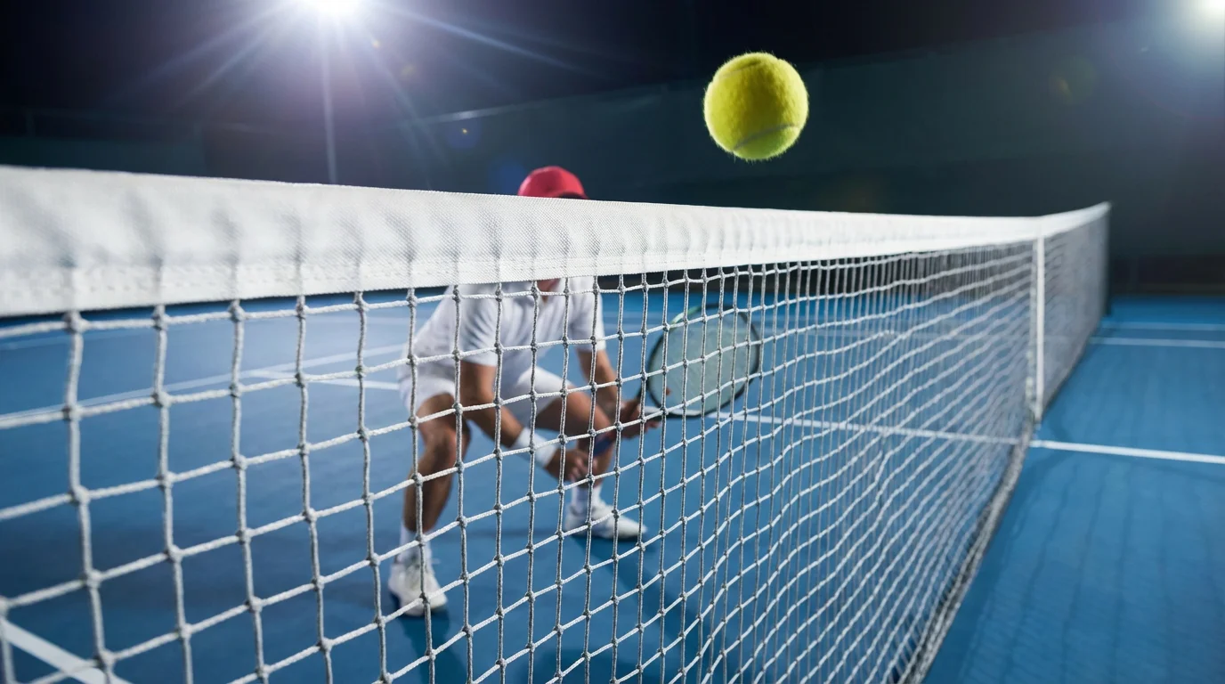 Red de tenis en primer plano con la pista de fondo y pelota en movimiento durante un partido