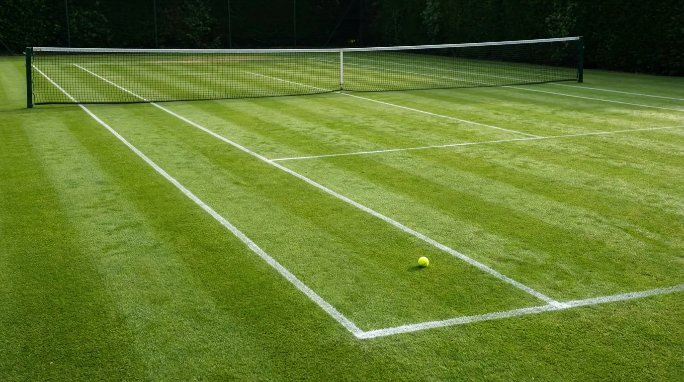 Pista de tenis de césped verde con red y pelota sobre hierba natural