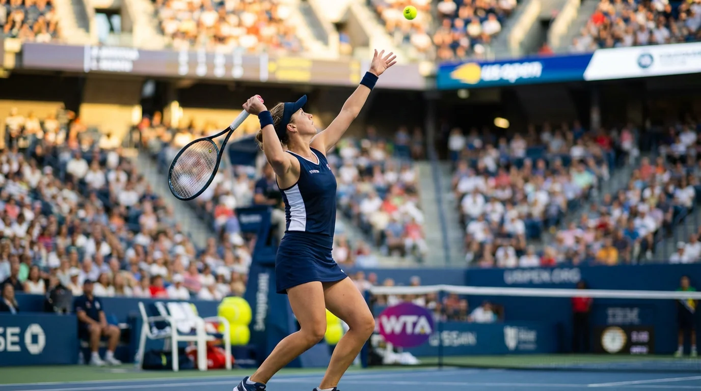 Tenista profesional femenina preparando un saque en una pista de tenis durante un torneo WTA