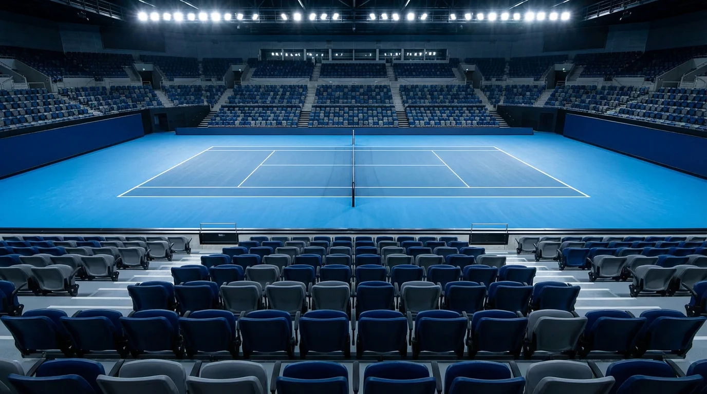 Pista de tenis dura azul bajo focos de iluminación artificial en torneo indoor
