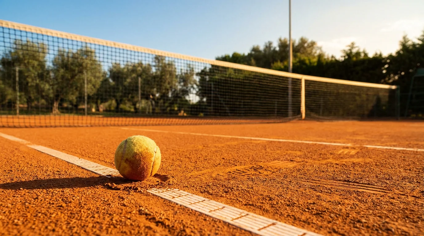 Pista de tenis de tierra batida con líneas marcadas y arcilla naranja bajo el sol