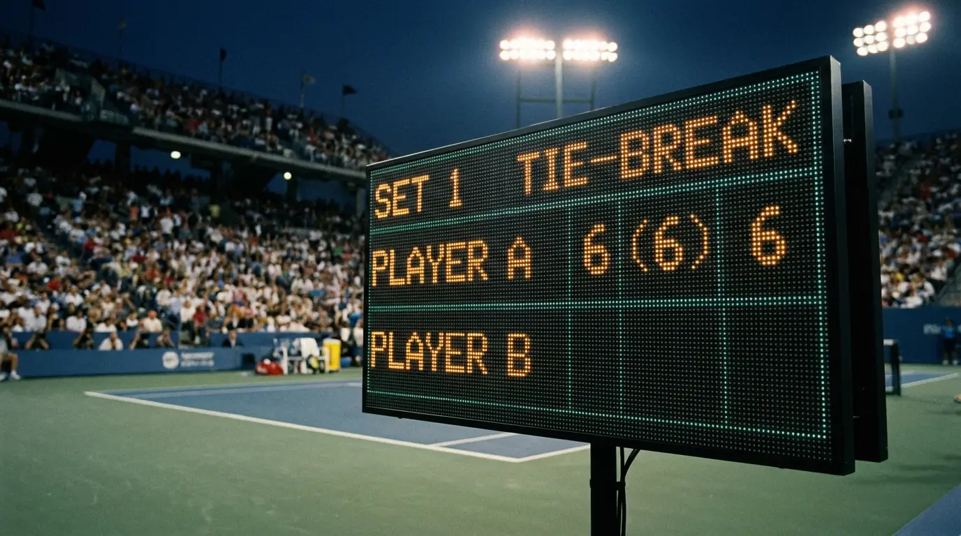 Marcador electrónico de tenis mostrando un empate 6-6 en un estadio lleno de espectadores