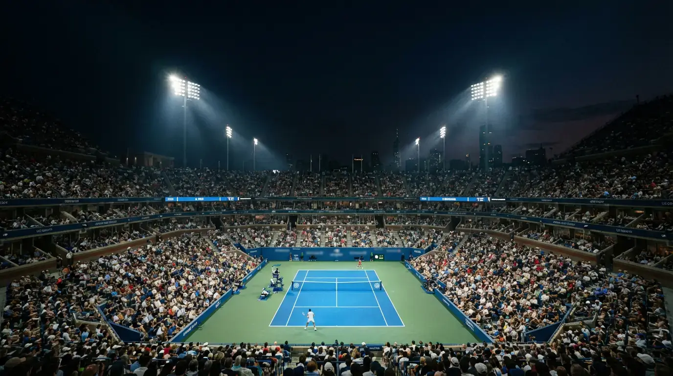 Estadio Arthur Ashe del US Open iluminado durante una sesión nocturna en Nueva York