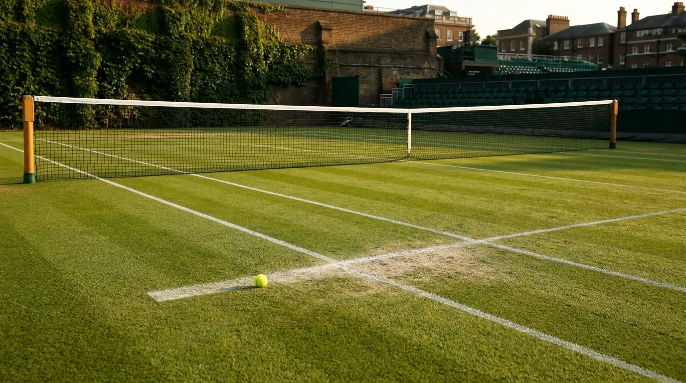 Pista de hierba de Wimbledon con la red y las líneas blancas visibles