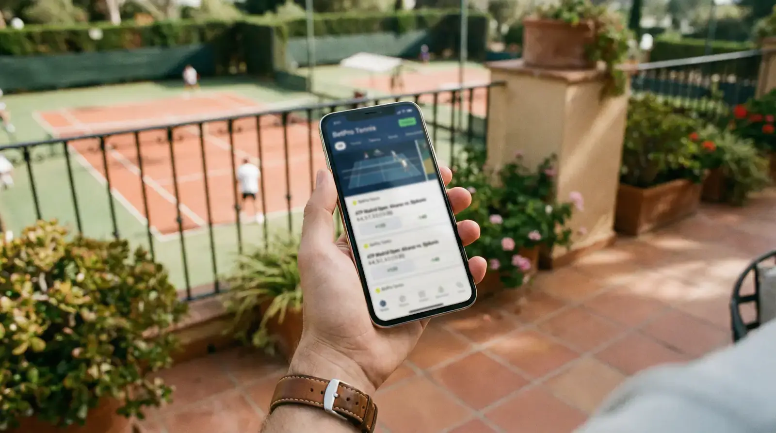 Persona usando un móvil para comparar cuotas de tenis con una pista de tenis al fondo