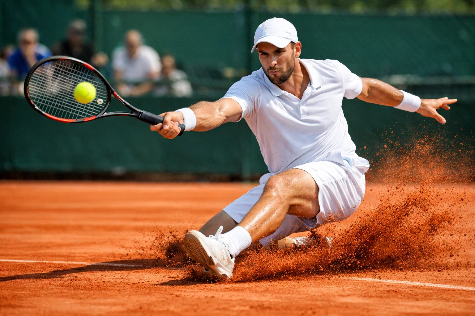 Tenista deslizándose sobre tierra batida naranja durante un golpe