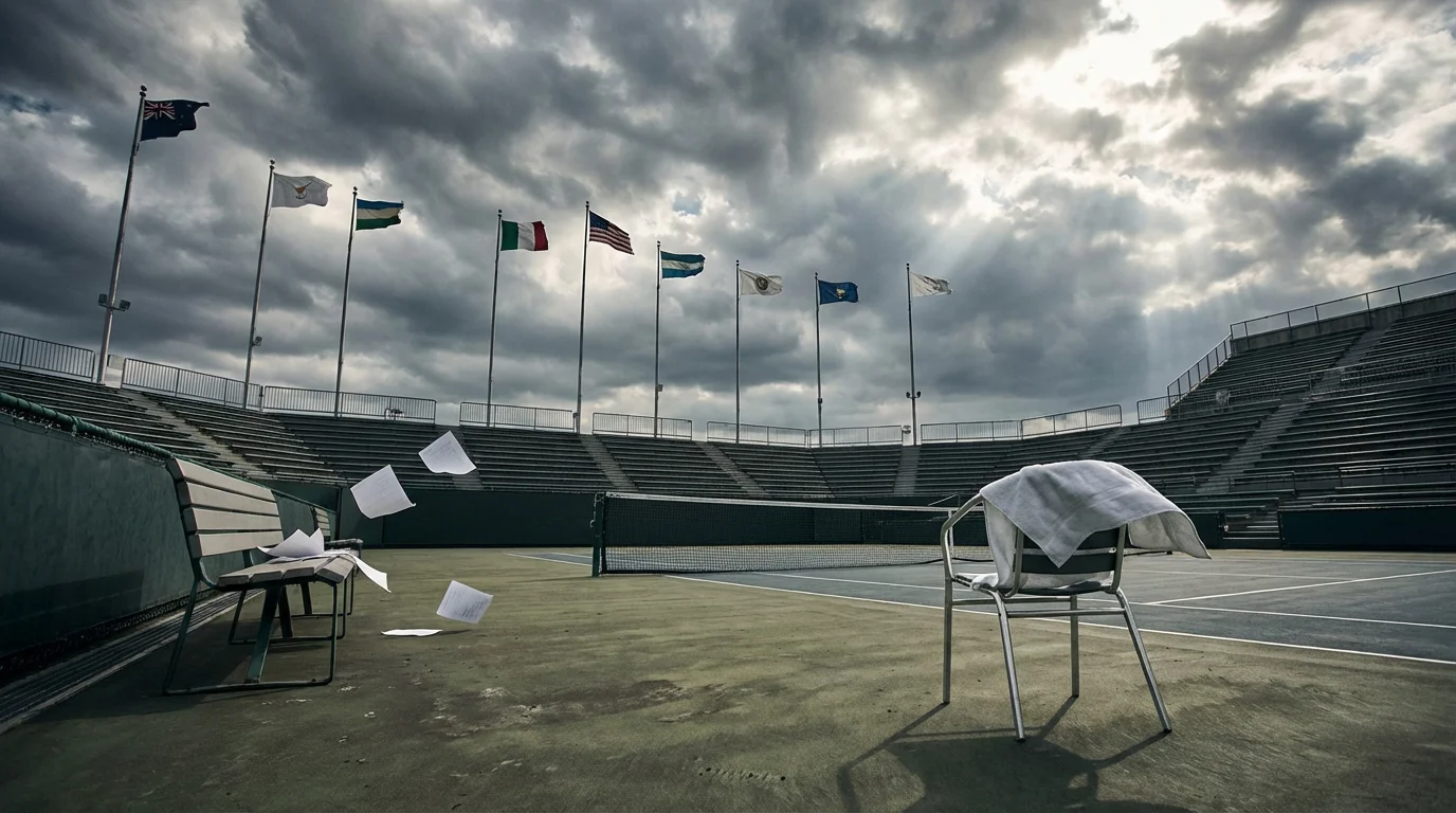Pista de tenis al aire libre bajo un cielo con nubes y viento visible en las banderas del estadio