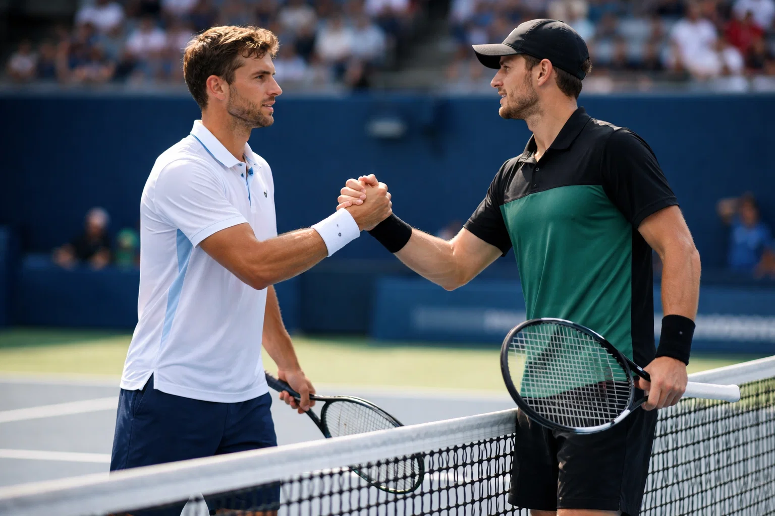 Dos tenistas saludándose en la red tras un partido competitivo