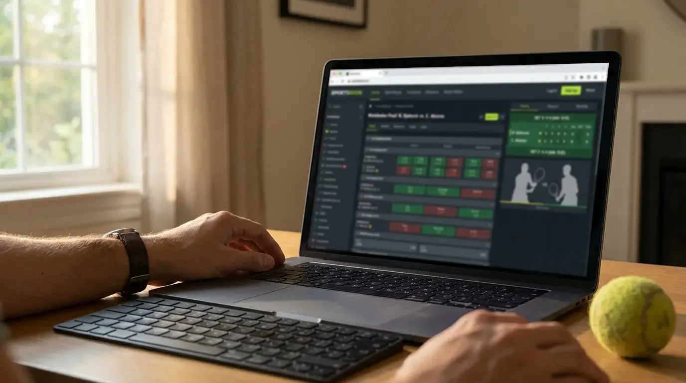 Primer plano de una pantalla mostrando cuotas de apuestas de un partido de tenis en directo