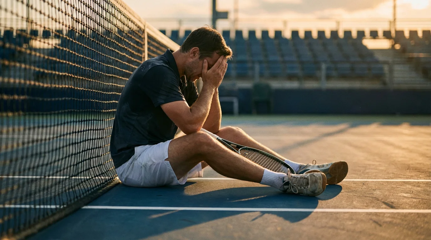 Jugador de tenis frustrado sentado en la pista junto a la red tras cometer un error