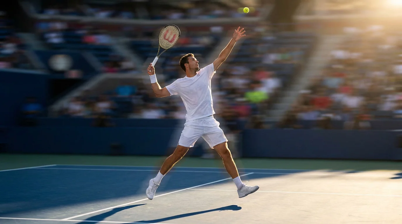 Tenista profesional ejecutando un saque potente con pelota en el aire sobre pista dura