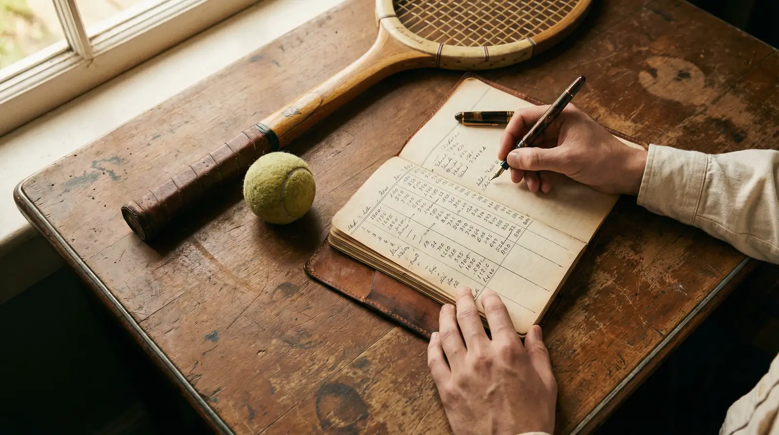 Persona planificando su estrategia de apuestas con un cuaderno y anotaciones junto a una raqueta de tenis