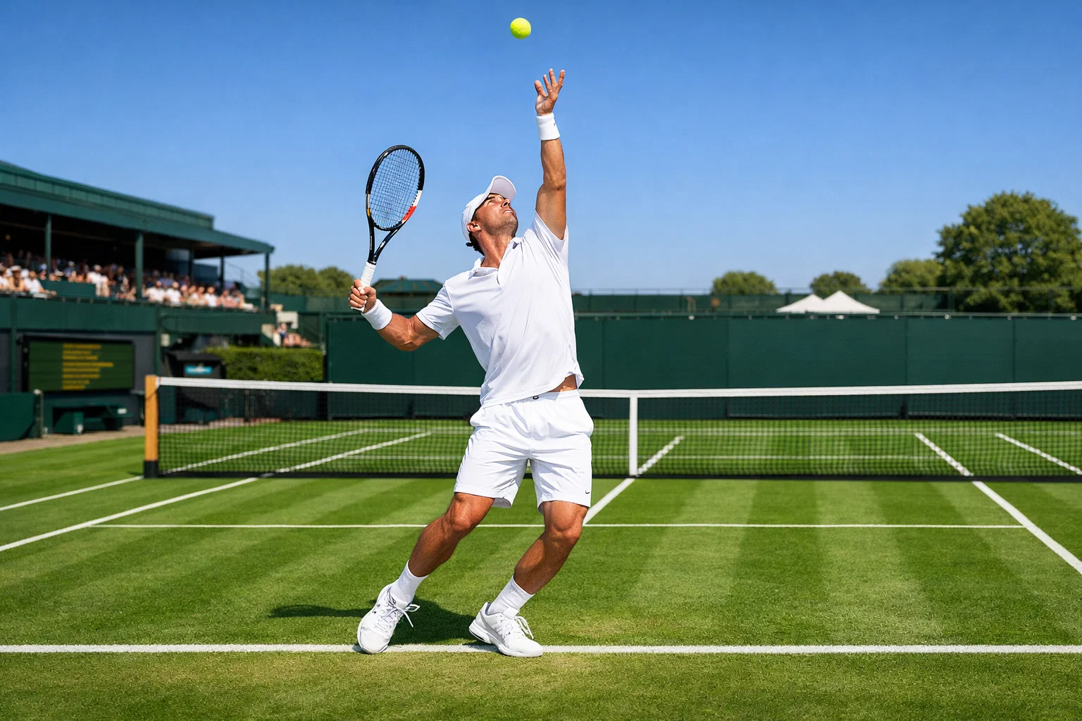 Tenista sirviendo en una pista de césped verde bien cuidado