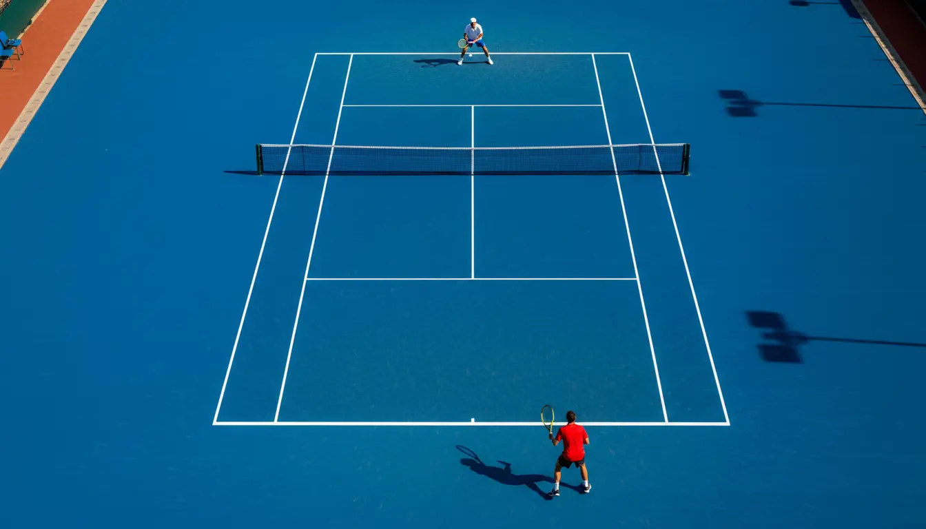 Vista cenital de una pista de tenis con dos jugadores en un punto disputado y marcador visible
