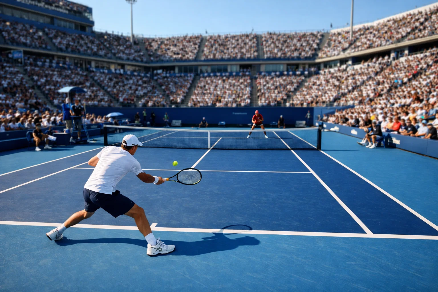 Partido de tenis en pista dura azul con espectadores de fondo