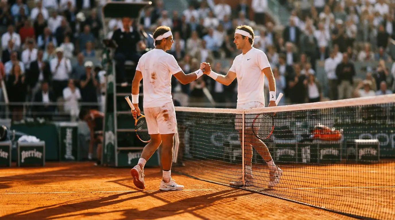 Dos tenistas frente a frente en una pista de tenis de tierra batida antes de un partido