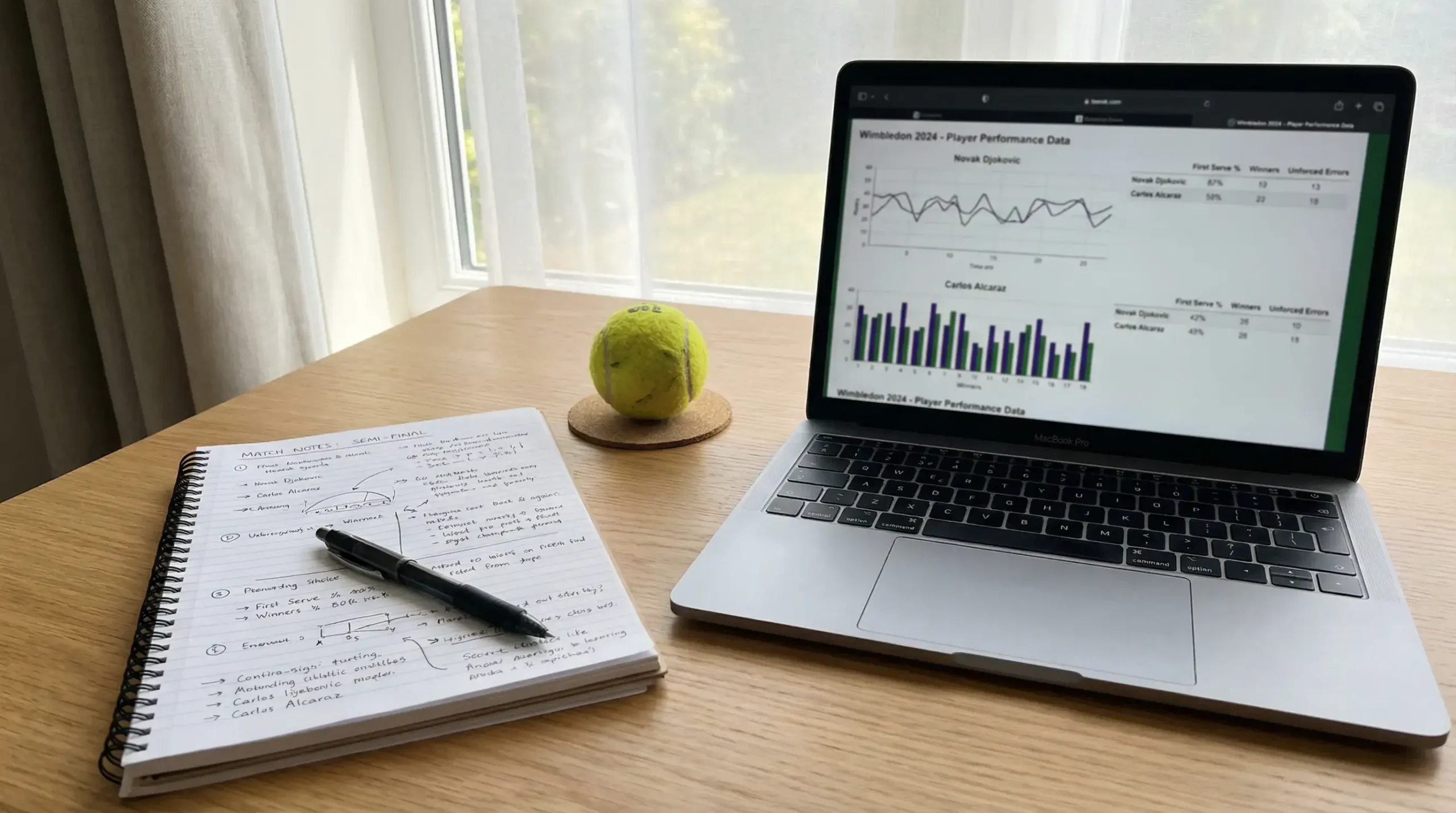 Escritorio con portátil abierto mostrando estadísticas de tenis junto a un cuaderno de anotaciones