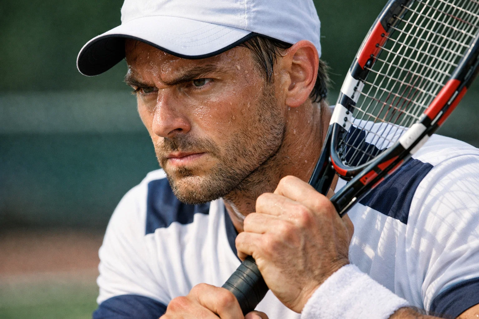 Tenista mostrando lenguaje corporal de concentración durante un punto decisivo