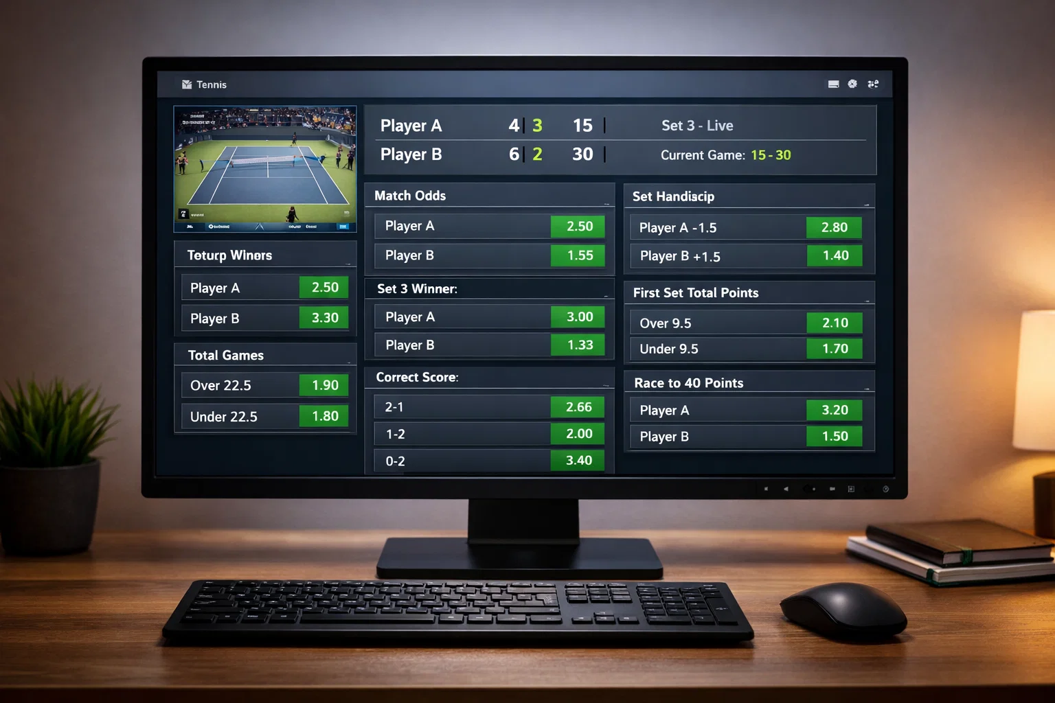 Pantalla de ordenador mostrando mercados de apuestas de tenis con cuotas en directo