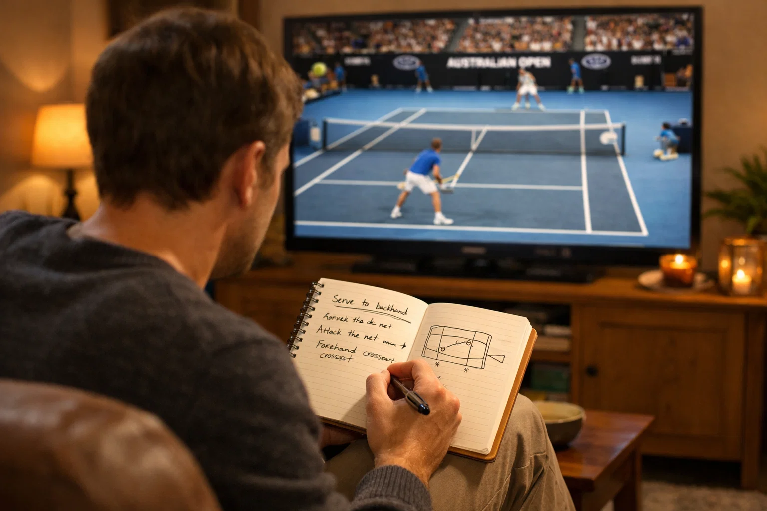 Persona tomando notas mientras analiza un partido de tenis en televisión