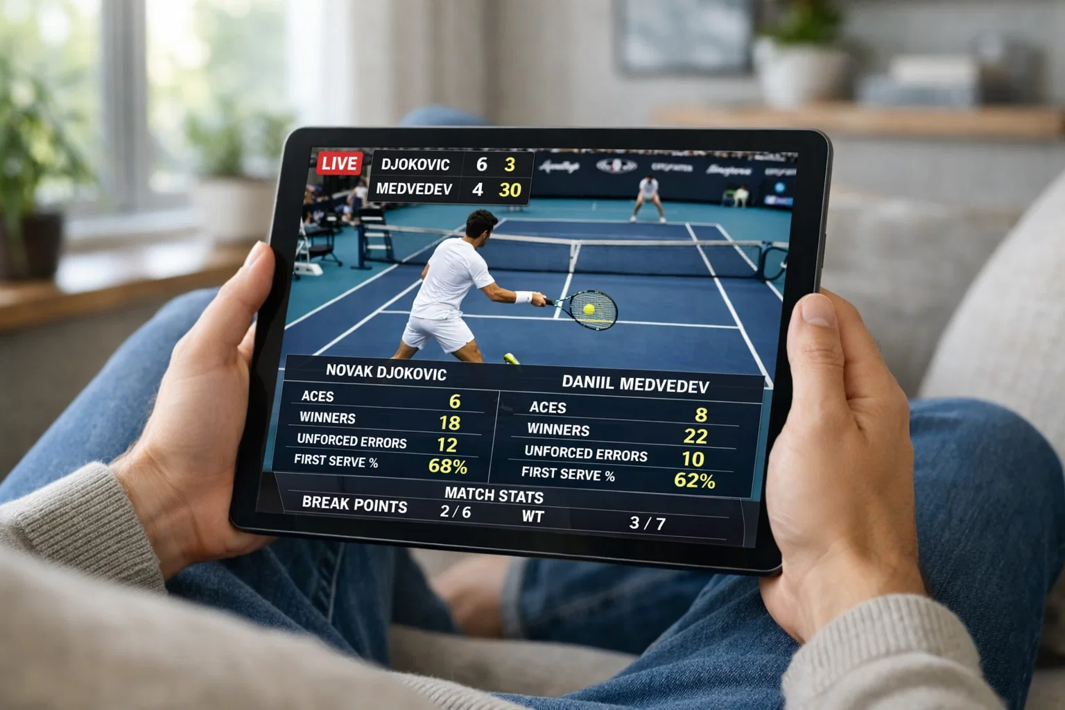Persona viendo transmisión de tenis en vivo en tablet con estadísticas