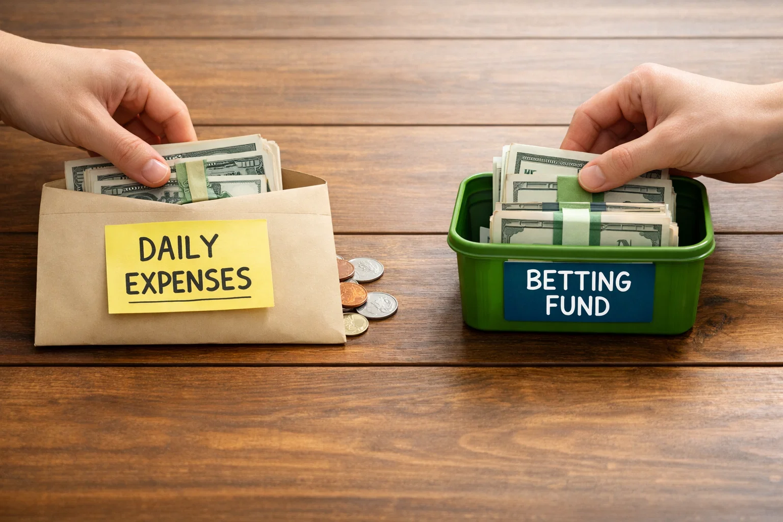 Manos separando fondos dedicados a apuestas del dinero personal