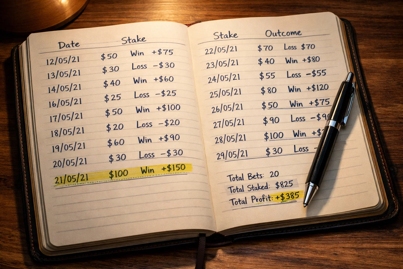 Cuaderno de registro de apuestas con anotaciones y resultados