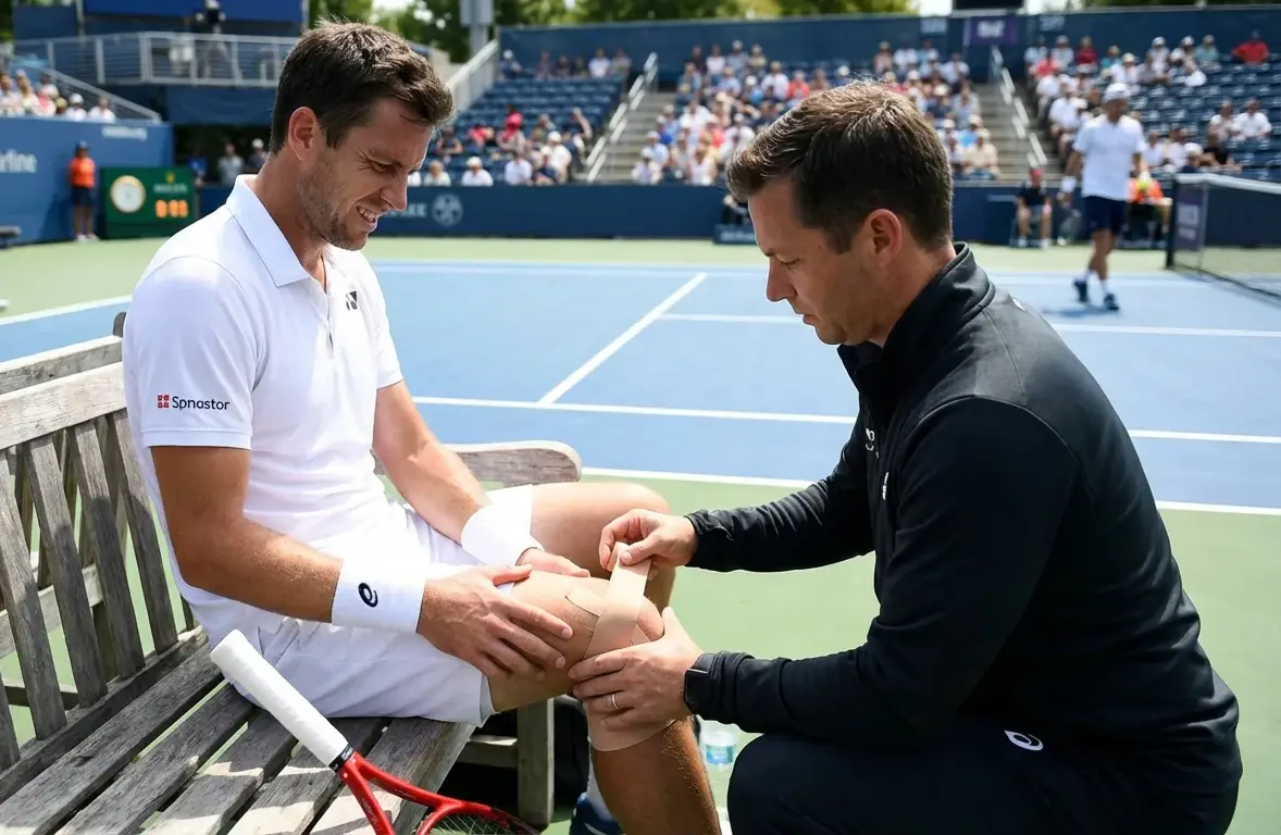 Tenista profesional recibiendo atención médica en la rodilla durante un partido en pista dura
