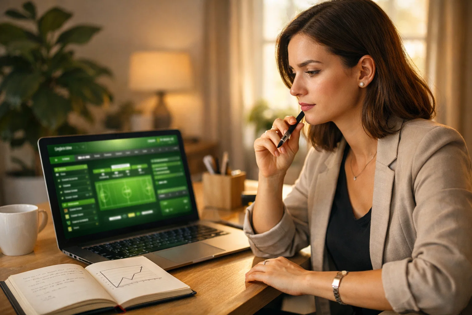 Persona analizando diferentes opciones de apuestas deportivas en portátil con notas