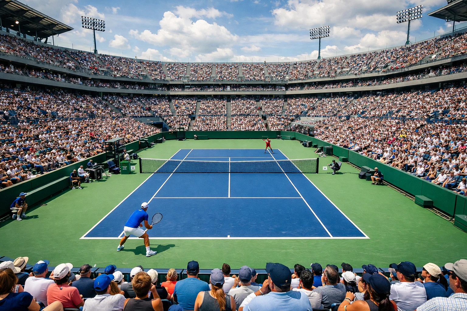 Vista panorámica de un partido de tenis profesional en estadio con público en las gradas