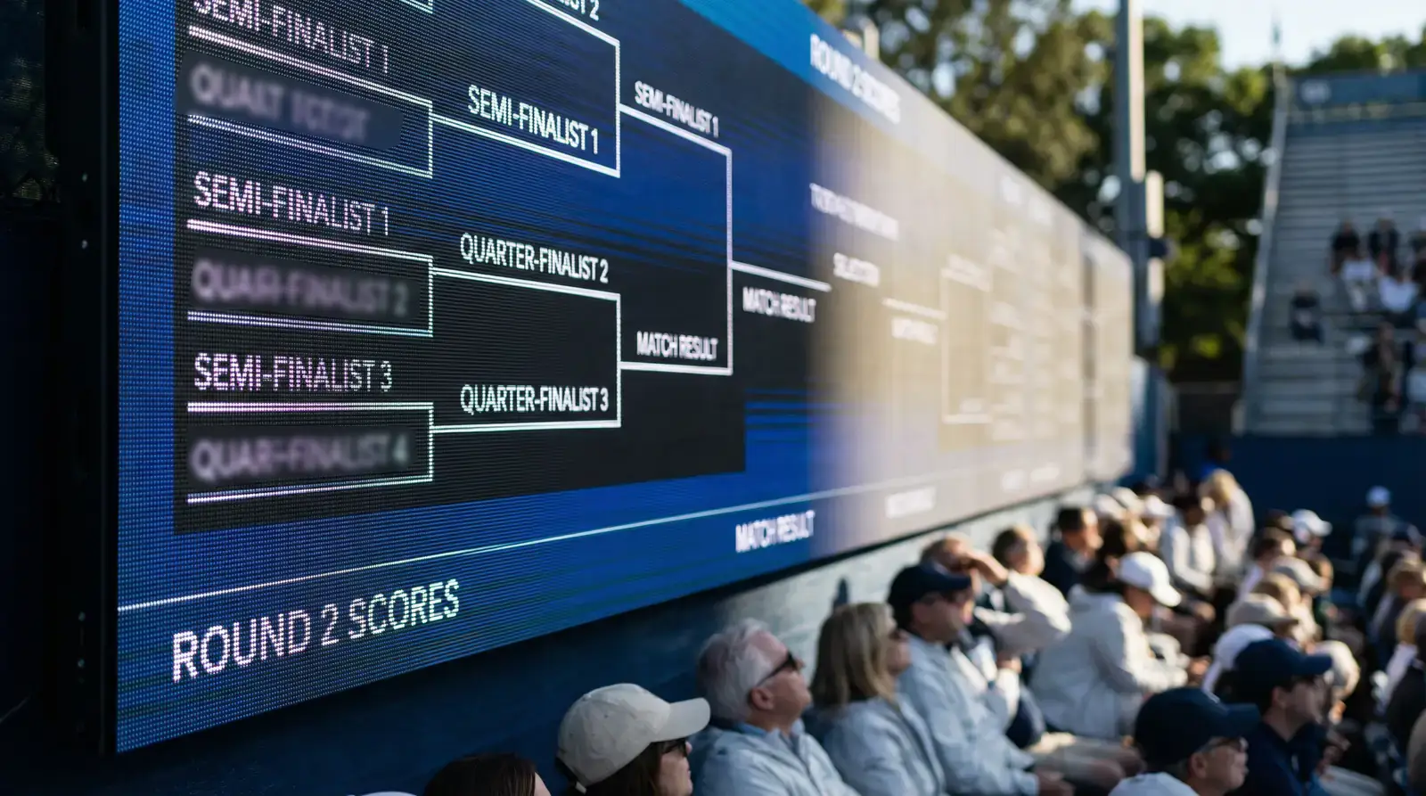 Tabla de clasificación de un torneo de tenis profesional con nombres de jugadores en pantalla