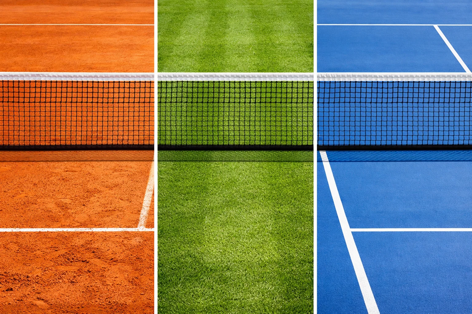 Comparativa de superficies de tenis: tierra batida naranja, césped verde y pista dura azul