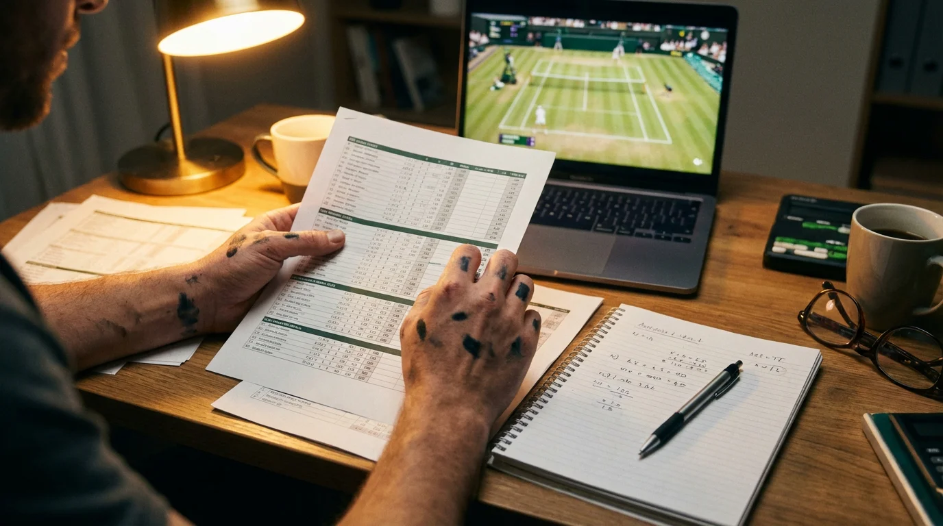 Persona analizando estadísticas de tenis en un documento con datos de cuotas