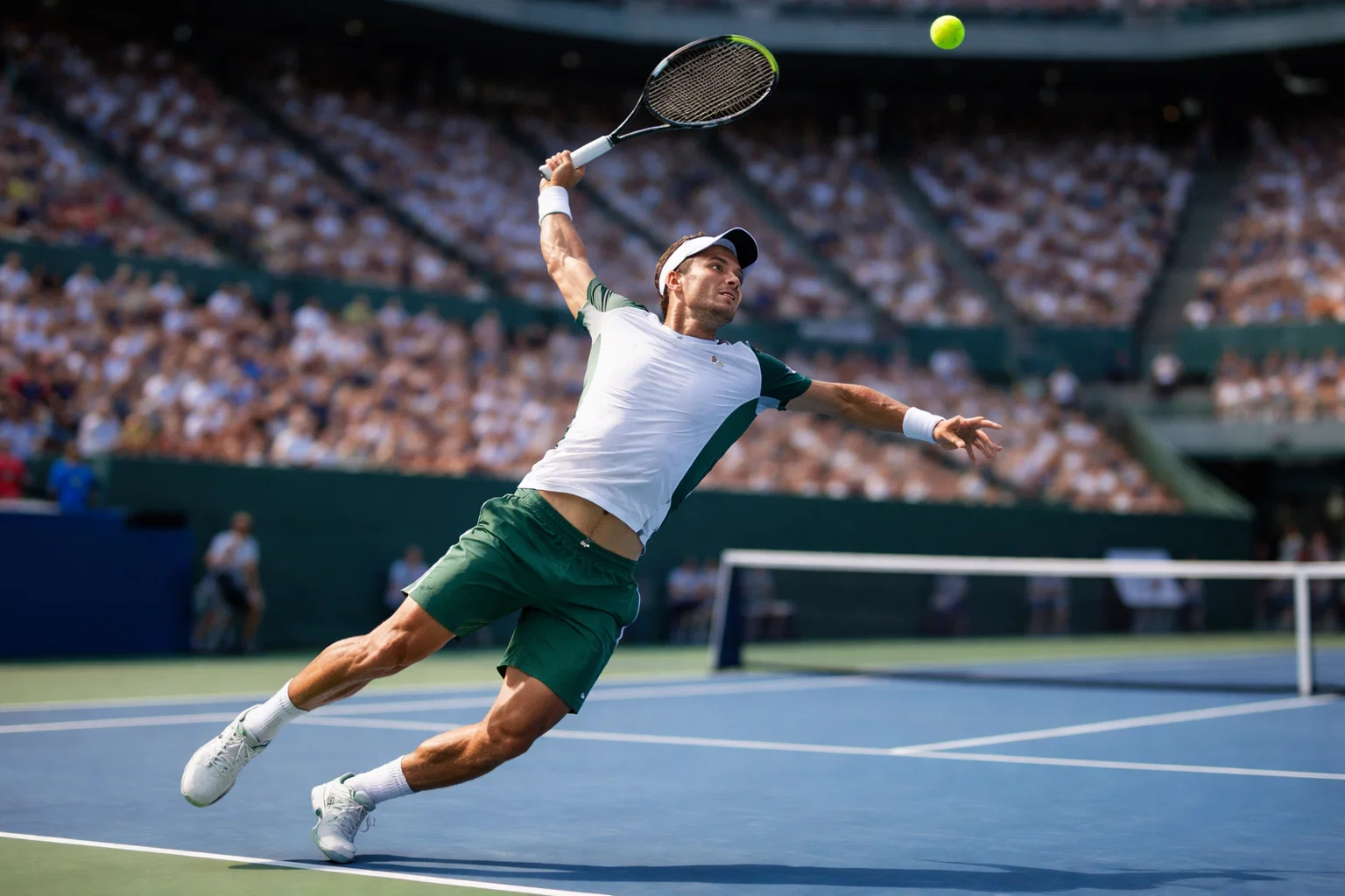Tenista profesional ejecutando un potente saque en pista dura durante un torneo ATP
