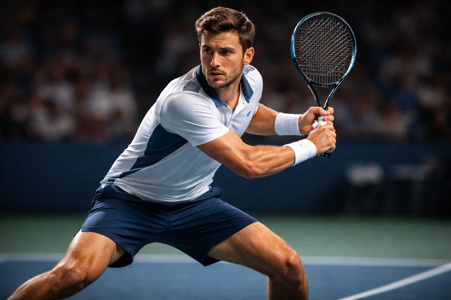Tenista concentrado preparando un golpe en un momento crucial del partido