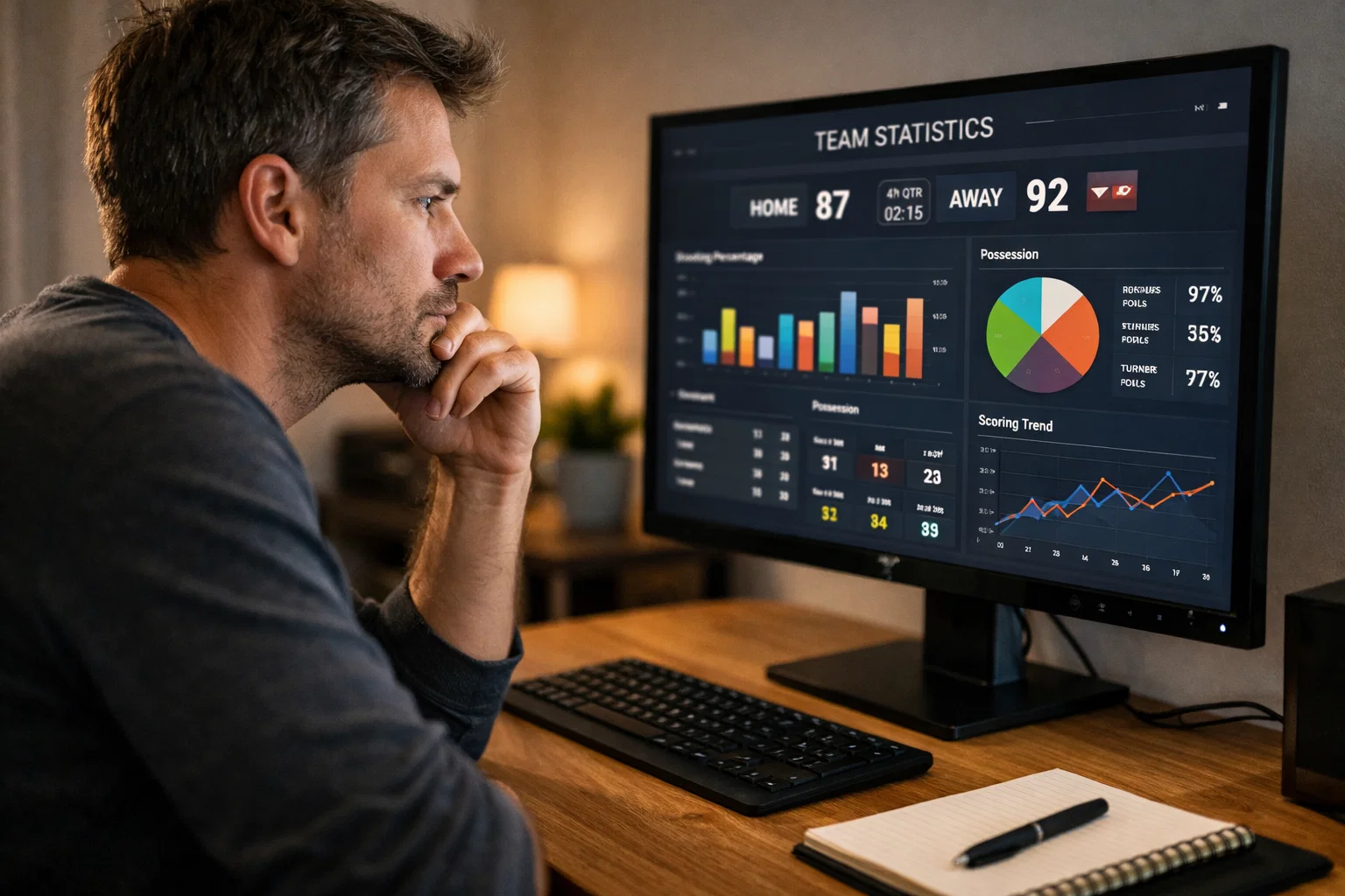 Persona pensativa frente a pantalla de ordenador con datos deportivos