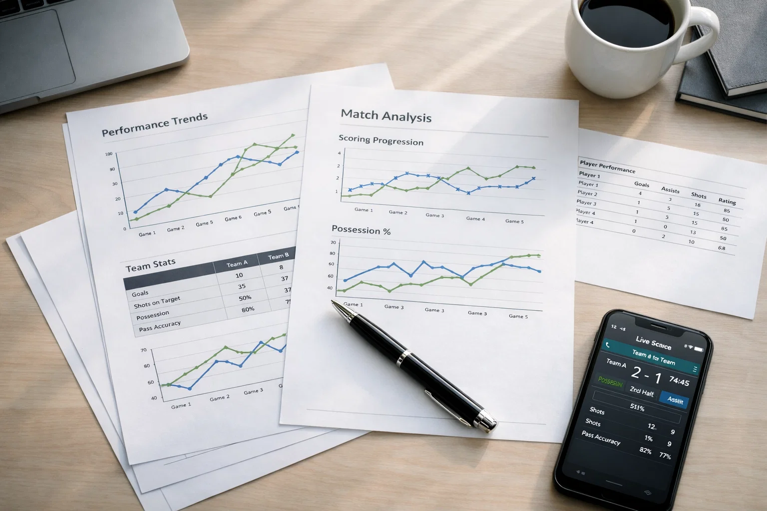 Mesa de trabajo con documentos de análisis deportivo y bolígrafo