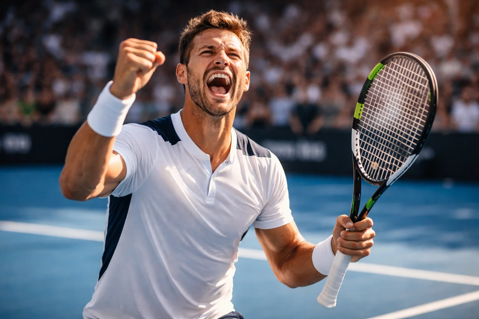 Tenista celebrando victoria con el puño en alto en la pista