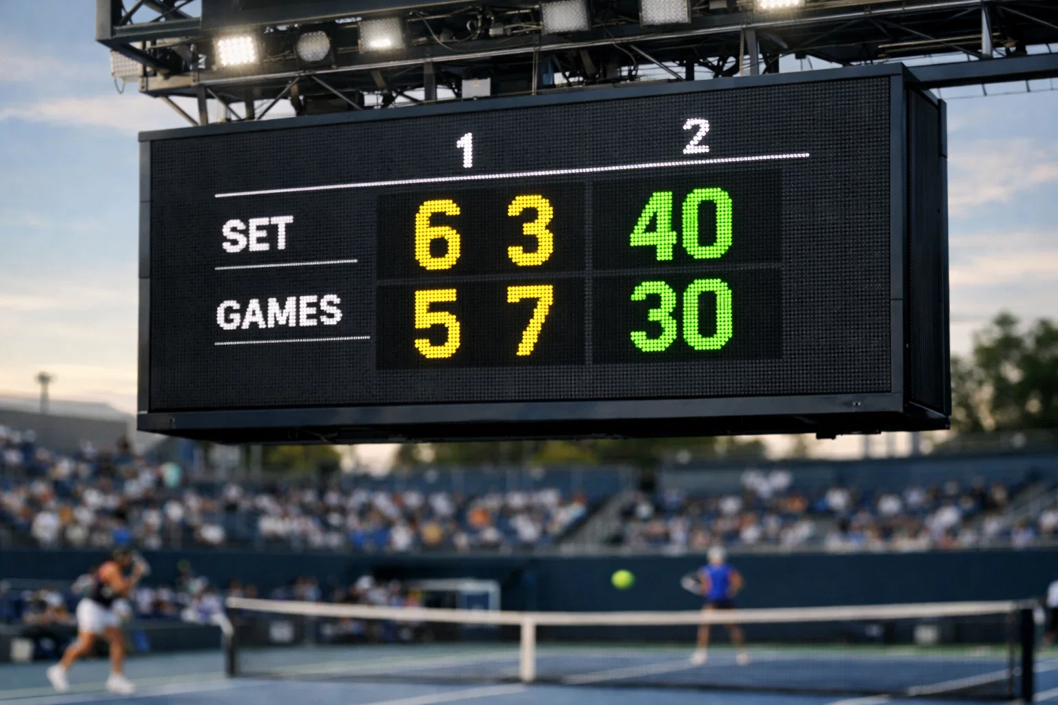 Marcador electrónico de tenis mostrando el resultado de sets y juegos