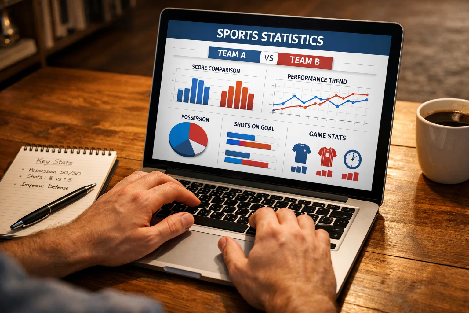 Persona analizando estadísticas de tenis en un portátil con notas